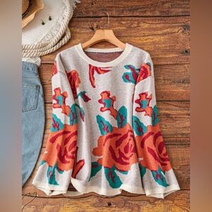NWOT SHEIN Curve White, Teal & Coral Floral Knot Sweater, Size 2X